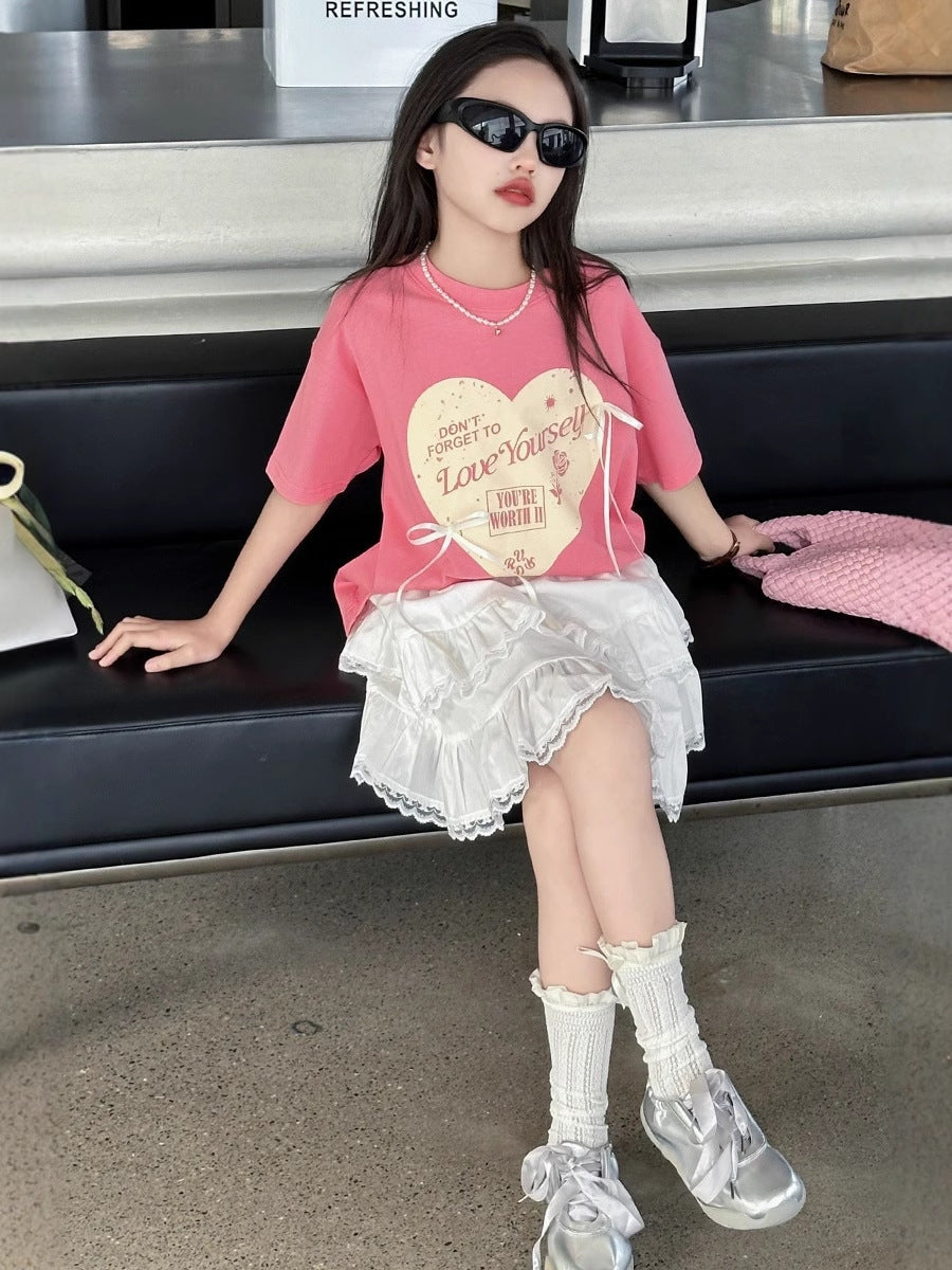 Children's Bow Printed Short-sleeved T-shirt Lace Cake Children's Suit