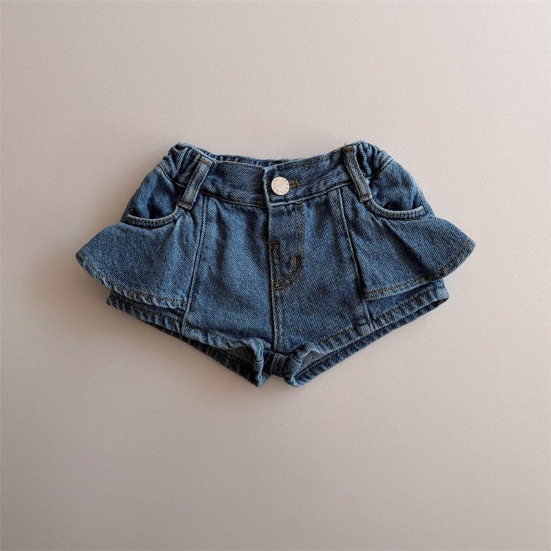 Denim Shorts Korean Style Solid Color Floral Cute Western Anti Children's Pants