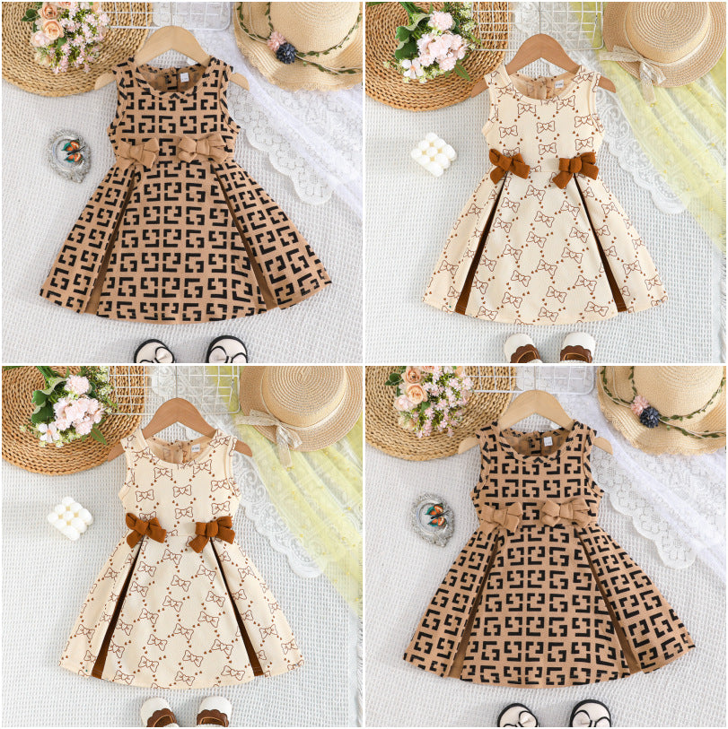 Fashion Geometry Pattern Bow Decoration Sleeveless Children's Dress