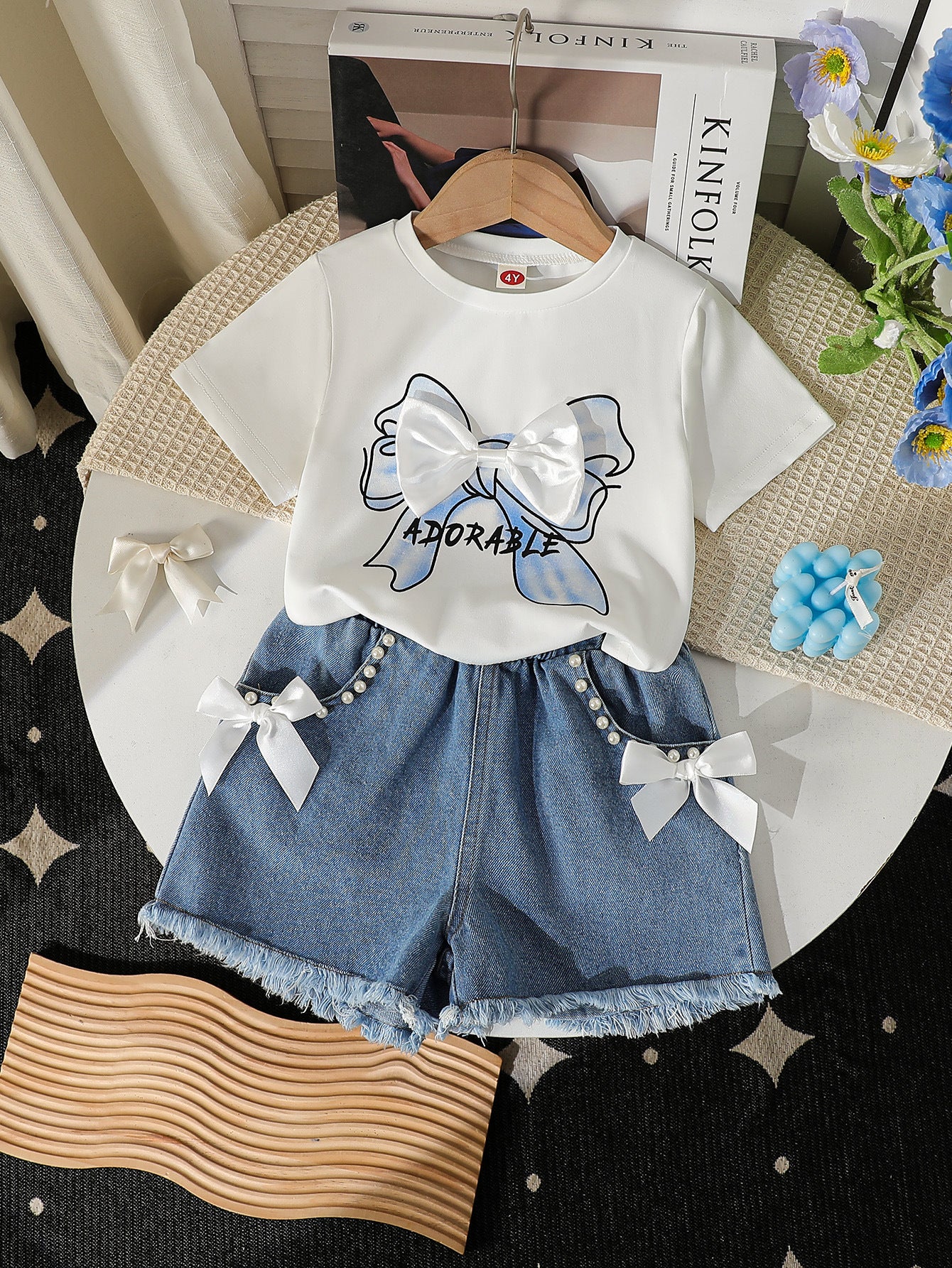 Round Neck Printed Knitted Top Denim Beaded Embroidered Jeans Children's Suit
