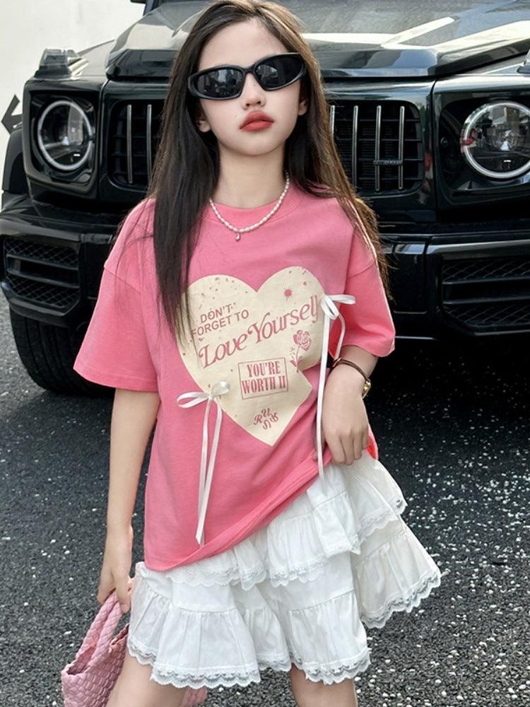 Children's Bow Printed Short-sleeved T-shirt Lace Cake Children's Suit